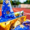 image:imagegoodr Sunbathing with Wizards Polarized Sunglasses Medium Sized OG Light Blue Translucent Frames with Gold Mirrored Reflective Lenses UV400 Protection No Slip No Bounce