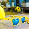 image:imagegoodr Swedish Meatball Hangover Polarized Sunglasses Medium Sized OG Yellow Translucent Frames with Blue Mirrored Reflective Lens UV400 Protection No Slip No Bounce